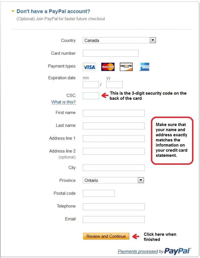 PayPal credit card details